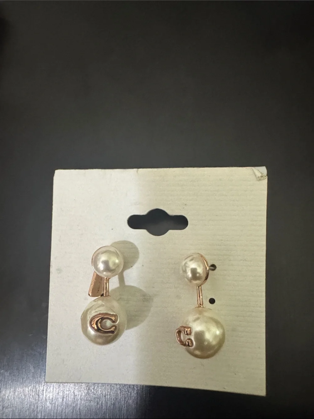 Elegant Coach Double Pearl Drop Earrings in Champagne Gold - Picture 3 of 4